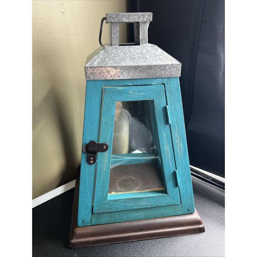 Rustic Teal Turquoise Heavy Metal Wood Ocean Coastal Lantern 12”x8” - Picture 2 of 7